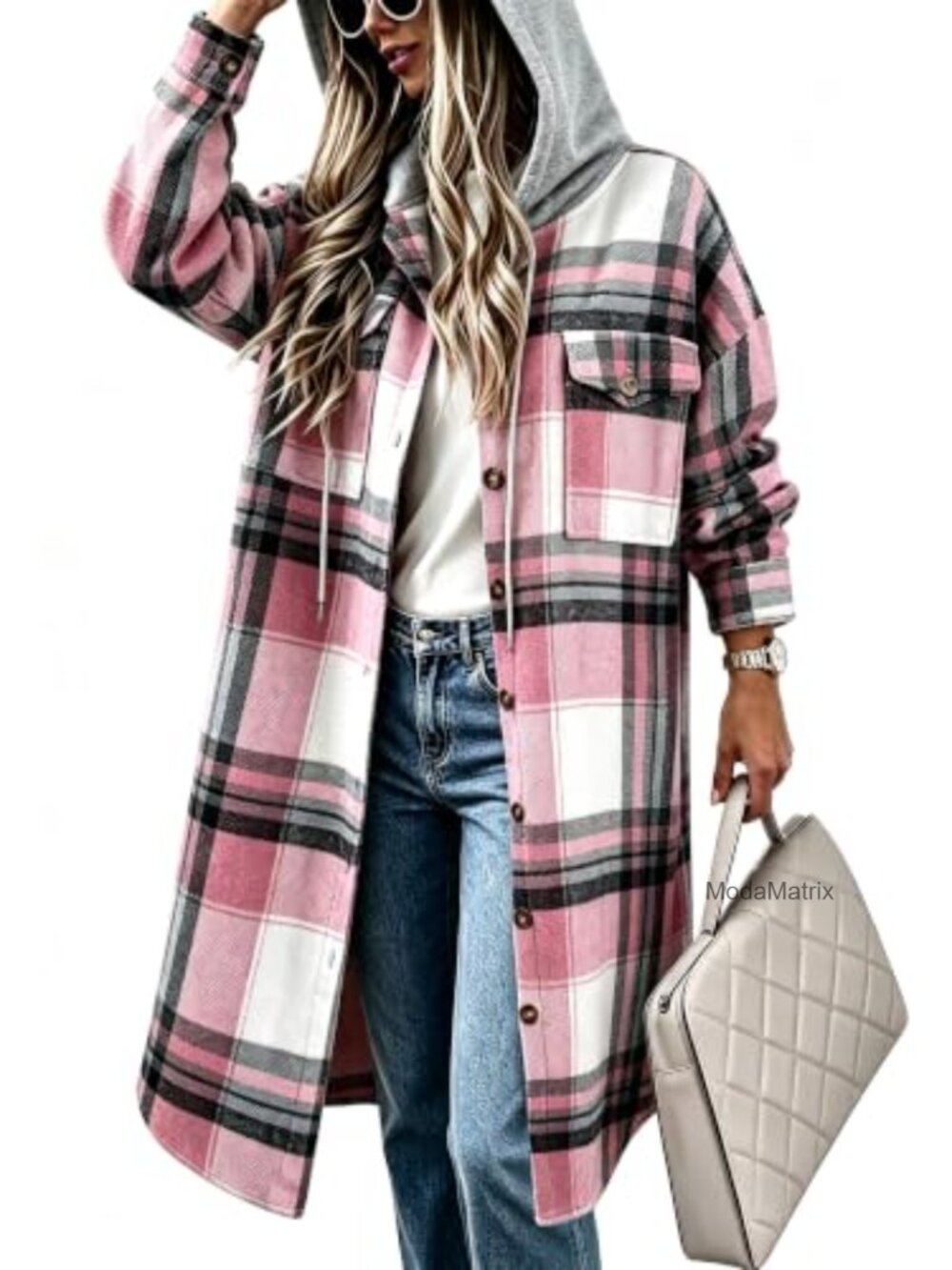 Oversized Plaid Flannel Hooded Shacket Button Front Pockets